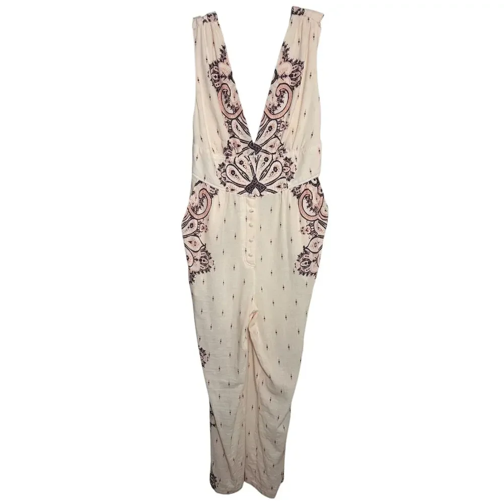 Free People, Women’s ‘Setting Sun’ Printed Jumpsuit, V-Neck, Boho, Pink X-Small - Picture 2 of 10